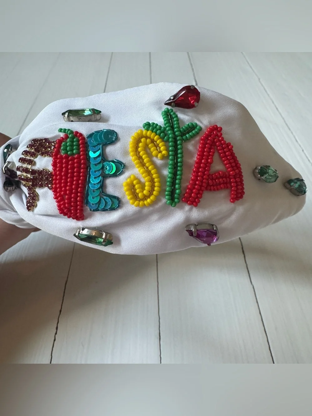 Boutique Fiesta Beaded Knotted Headband White Multicolor Jeweled NWOT
